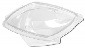 Ceci est un contenant transparent en APET avec une forme carrée et un fond distinctif de style « torsadé ». La surface lisse et brillante améliore la transparence, offrant une visibilité claire du contenu. La base présente un design unique avec des parois angulaires inclinées, ajoutant une touche esthétique tout en renforçant la structure. Le contenant se rétrécit légèrement du large rebord plat vers la base plus étroite, créant un look moderne et dynamique. Le couvercle attaché par charnière dispose d'une fermeture à pression sécurisée pour assurer une étanchéité parfaite, préservant la fraîcheur et évitant les déversements. Ce design élégant et fonctionnel est idéal pour les emballages à emporter, alliant praticité et présentation attrayante.